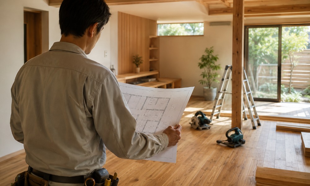 図面を手に施工内容を確認するリフォーム職人